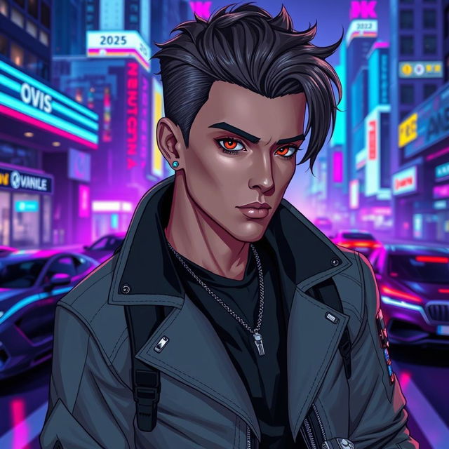 A futuristic interpretation of a character named Layertes in the year 2025, featuring sleek attire with high-tech elements, a confident and charismatic demeanor, and unique facial features that reflect a blend of modern and sci-fi aesthetics