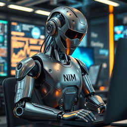 A futuristic robot intently working on a computer, surrounded by a sleek, modern workspace filled with digital screens and high-tech equipment