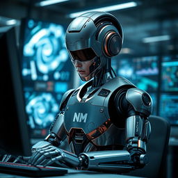 A futuristic robot intently working on a computer, surrounded by a sleek, modern workspace filled with digital screens and high-tech equipment