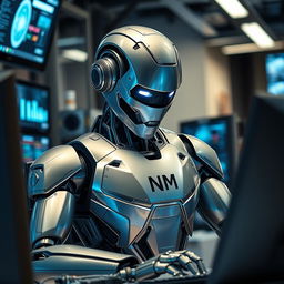 A futuristic robot intently working on a computer, surrounded by a sleek, modern workspace filled with digital screens and high-tech equipment