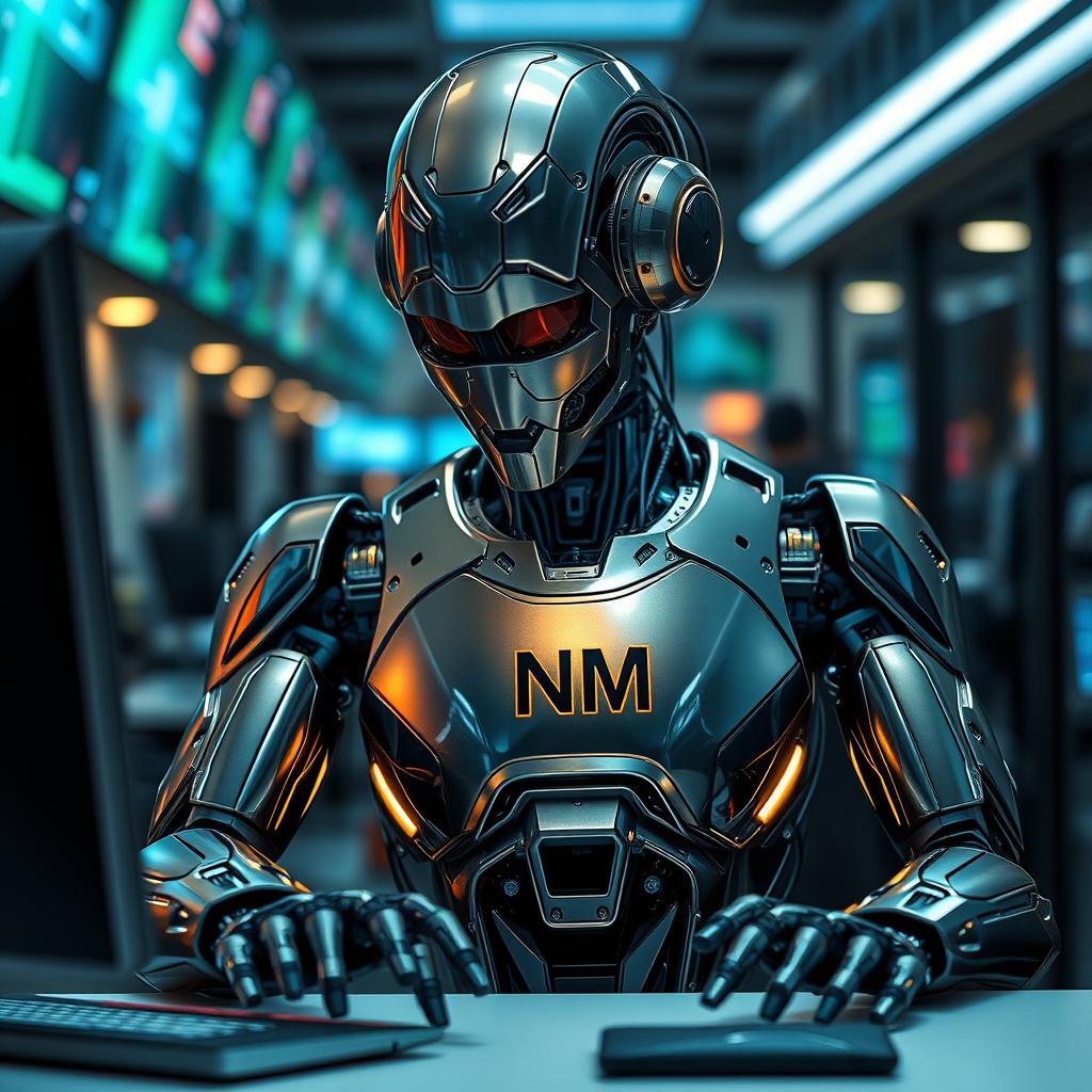 A futuristic robot intently working on a computer, surrounded by a sleek, modern workspace filled with digital screens and high-tech equipment
