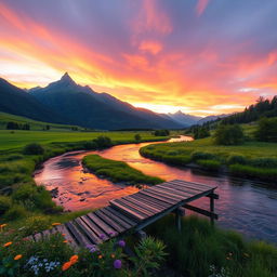 A serene scene of a lush, green valley at sunset, with a gentle river flowing through it
