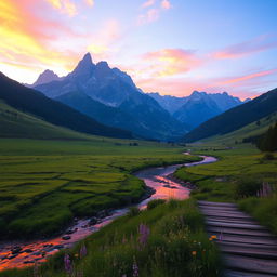 A serene scene of a lush, green valley at sunset, with a gentle river flowing through it