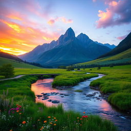A serene scene of a lush, green valley at sunset, with a gentle river flowing through it