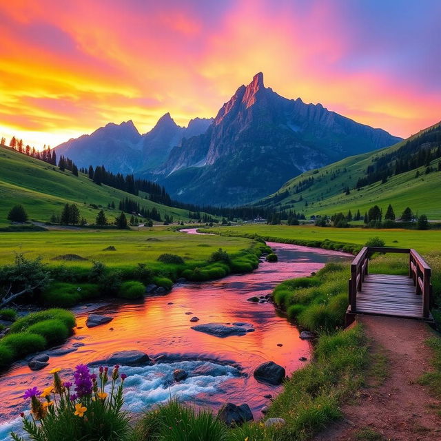 A serene scene of a lush, green valley at sunset, with a gentle river flowing through it