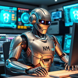 A sleek, futuristic robot engaged in work at a computer desk, displaying an impressive range of high-tech gadgets and digital screens around it