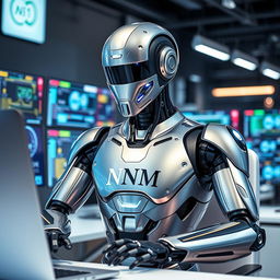 A sleek, futuristic robot engaged in work at a computer desk, displaying an impressive range of high-tech gadgets and digital screens around it