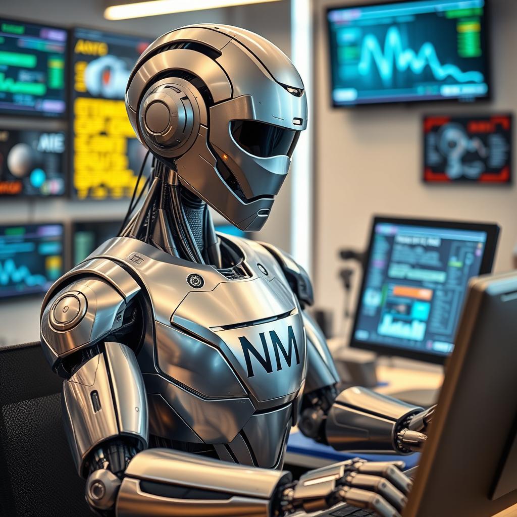 A sleek, futuristic robot engaged in work at a computer desk, displaying an impressive range of high-tech gadgets and digital screens around it