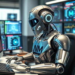 A sleek, futuristic robot engaged in work at a computer desk, displaying an impressive range of high-tech gadgets and digital screens around it