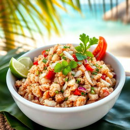 A vibrant and colorful bowl of Mas Huni, a traditional Maldivian dish
