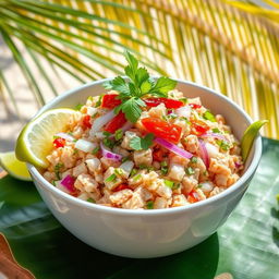 A vibrant and colorful bowl of Mas Huni, a traditional Maldivian dish