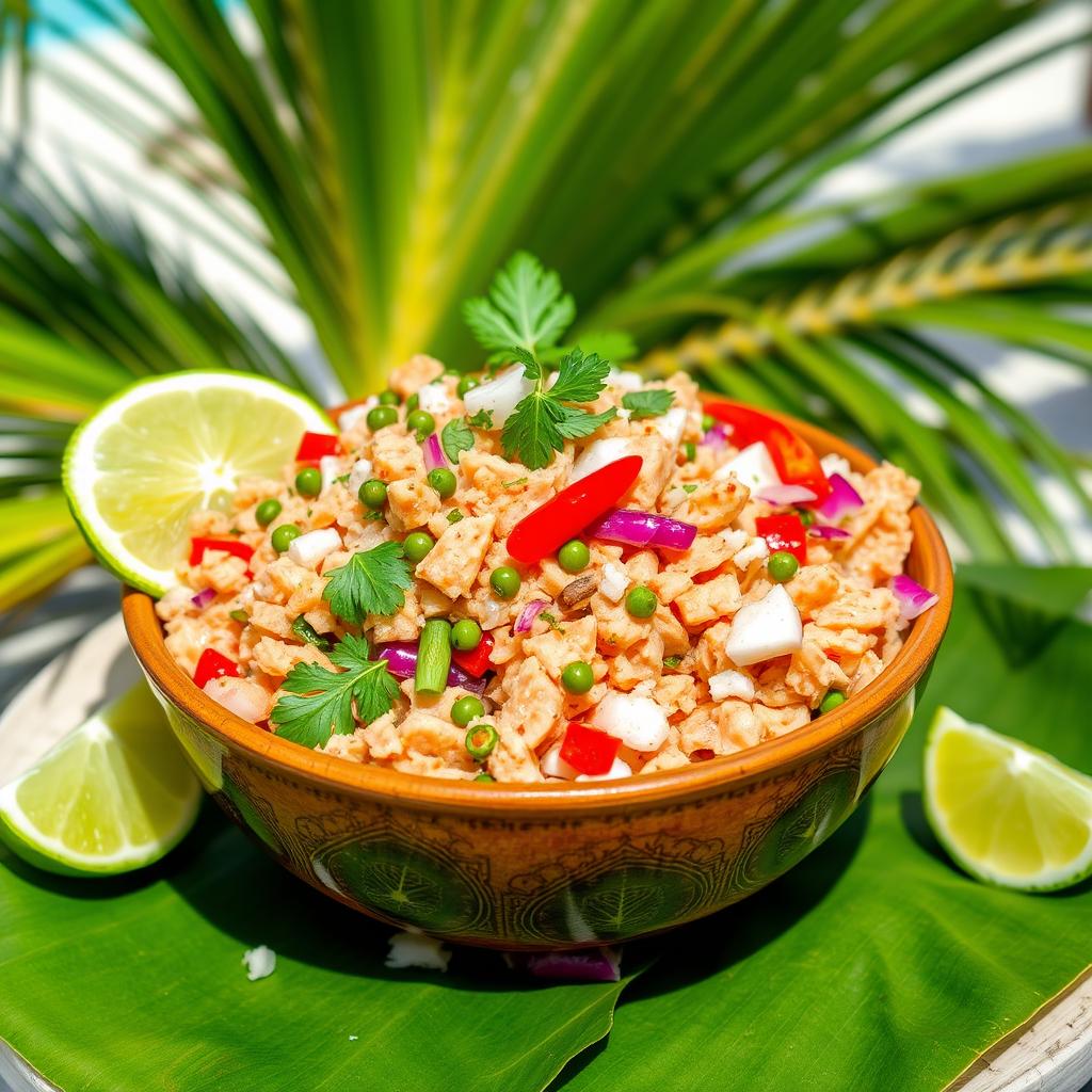 A vibrant and colorful bowl of Mas Huni, a traditional Maldivian dish