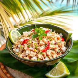 A vibrant and colorful bowl of Mas Huni, a traditional Maldivian dish