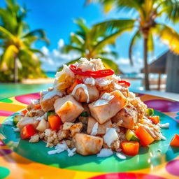 A beautifully presented dish of Mas Huni, the traditional Maldivian breakfast made with fresh tuna, coconut, onion, and chili, served on a vibrant plate