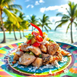A beautifully presented dish of Mas Huni, the traditional Maldivian breakfast made with fresh tuna, coconut, onion, and chili, served on a vibrant plate
