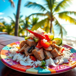A beautifully presented dish of Mas Huni, the traditional Maldivian breakfast made with fresh tuna, coconut, onion, and chili, served on a vibrant plate