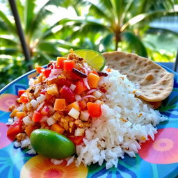 A traditional Mauritian dish known as Mas Huni, beautifully arranged on a vibrant plate