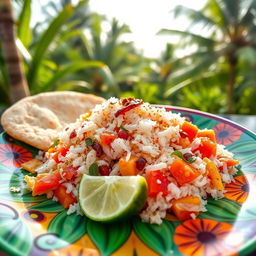 A traditional Mauritian dish known as Mas Huni, beautifully arranged on a vibrant plate