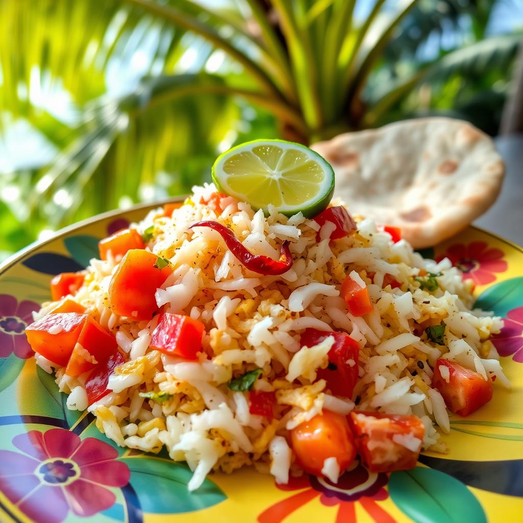 A traditional Mauritian dish known as Mas Huni, beautifully arranged on a vibrant plate