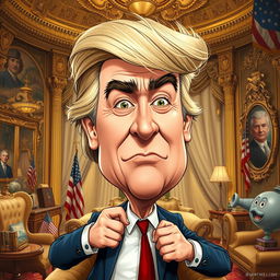 A surreal and humorous illustration featuring a caricature of an exaggerated, cartoonish version of a man with distinctive hair and expressive facial features, reminiscent of a controversial political figure