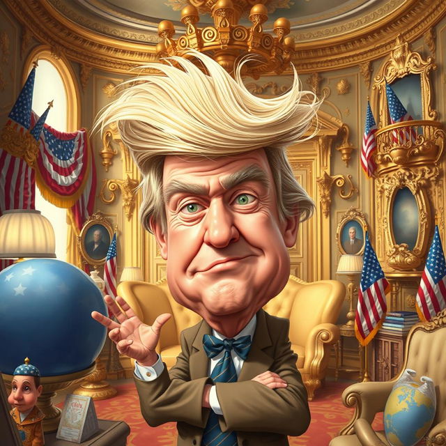 A surreal and humorous illustration featuring a caricature of an exaggerated, cartoonish version of a man with distinctive hair and expressive facial features, reminiscent of a controversial political figure