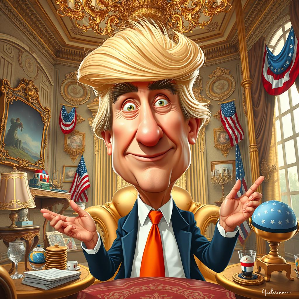 A surreal and humorous illustration featuring a caricature of an exaggerated, cartoonish version of a man with distinctive hair and expressive facial features, reminiscent of a controversial political figure