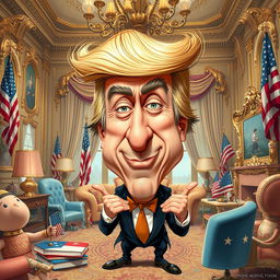 A surreal and humorous illustration featuring a caricature of an exaggerated, cartoonish version of a man with distinctive hair and expressive facial features, reminiscent of a controversial political figure