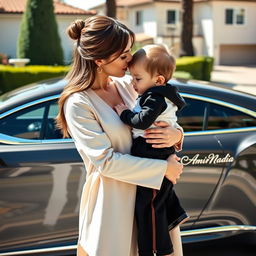 A wealthy woman lovingly holding a child in her arms, gently kissing the child's forehead