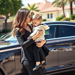 A wealthy woman lovingly holding a child in her arms, gently kissing the child's forehead