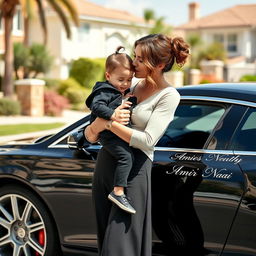 A wealthy woman lovingly holding a child in her arms, gently kissing the child's forehead