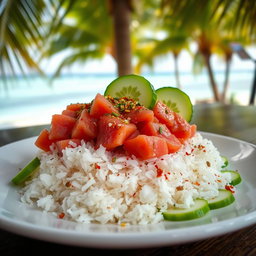 A beautifully plated dish of Mas Huni, a traditional Maldivian breakfast consisting of fresh tuna, grated coconut, and chili mixed together, garnished with vibrant green slices of cucumber and served on a bright white plate