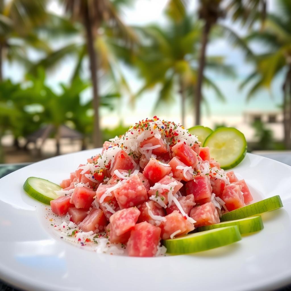 A beautifully plated dish of Mas Huni, a traditional Maldivian breakfast consisting of fresh tuna, grated coconut, and chili mixed together, garnished with vibrant green slices of cucumber and served on a bright white plate