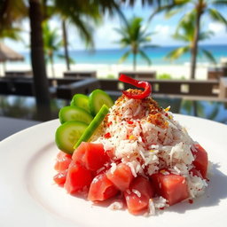 A beautifully plated dish of Mas Huni, a traditional Maldivian breakfast consisting of fresh tuna, grated coconut, and chili mixed together, garnished with vibrant green slices of cucumber and served on a bright white plate