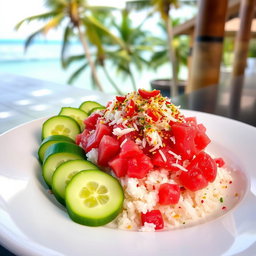 A beautifully plated dish of Mas Huni, a traditional Maldivian breakfast consisting of fresh tuna, grated coconut, and chili mixed together, garnished with vibrant green slices of cucumber and served on a bright white plate