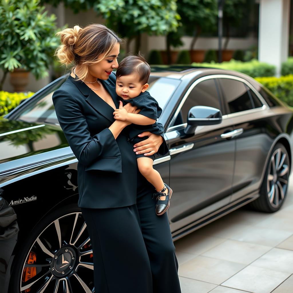 A wealthy woman dressed in a stylish black outfit lovingly holding a child in her arms, gently kissing the child's forehead