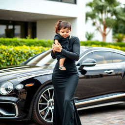 A wealthy woman dressed in a stylish black outfit lovingly holding a child in her arms, gently kissing the child's forehead