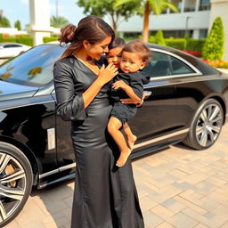 A wealthy woman dressed in a stylish black outfit lovingly holding a child in her arms, gently kissing the child's forehead