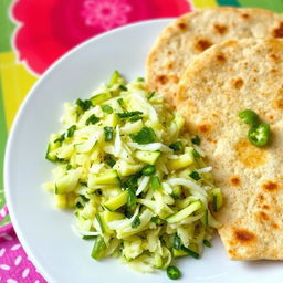 A delicious plate featuring grated zucchini mixed with shredded coconut and finely chopped green chili, served alongside crispy, flaky roti