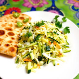 A delicious plate featuring grated zucchini mixed with shredded coconut and finely chopped green chili, served alongside crispy, flaky roti