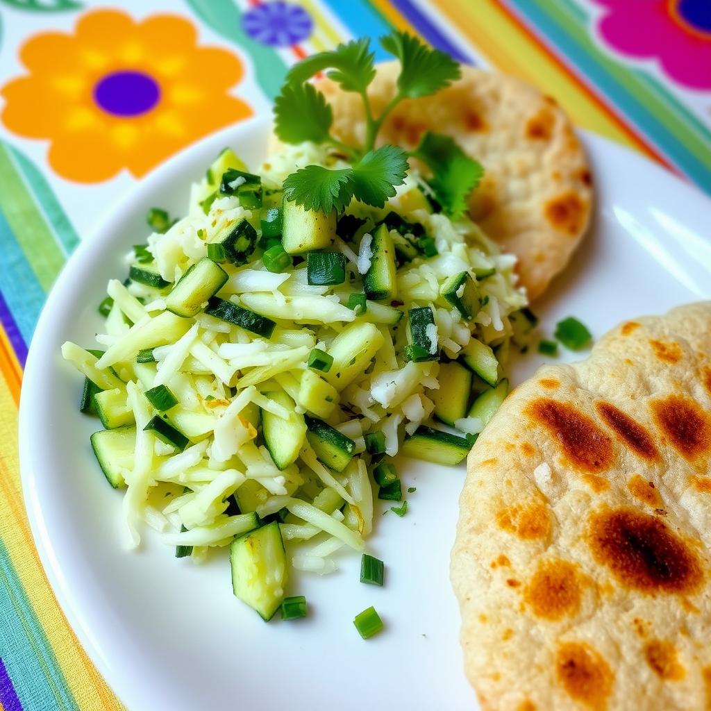 A delicious plate featuring grated zucchini mixed with shredded coconut and finely chopped green chili, served alongside crispy, flaky roti