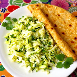 A delicious plate featuring grated zucchini mixed with shredded coconut and finely chopped green chili, served alongside crispy, flaky roti