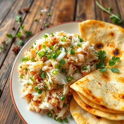 A vibrant and appetizing dish featuring shredded tuna mixed with grated coconut and finely chopped green chili, beautifully arranged on a plate