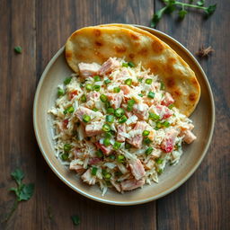 A vibrant and appetizing dish featuring shredded tuna mixed with grated coconut and finely chopped green chili, beautifully arranged on a plate