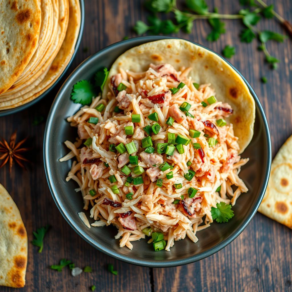 A vibrant and appetizing dish featuring shredded tuna mixed with grated coconut and finely chopped green chili, beautifully arranged on a plate