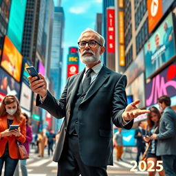 A modern interpretation of Polonius, a character from Shakespeare's Hamlet, set in the year 2025