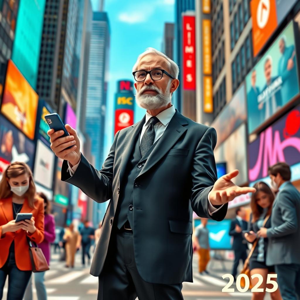 A modern interpretation of Polonius, a character from Shakespeare's Hamlet, set in the year 2025