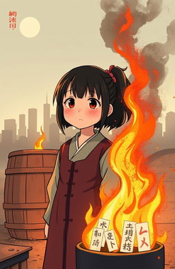A young Japanese girl named Fuyuko stands in front of a burning barrel, where her drawings are being consumed by flames