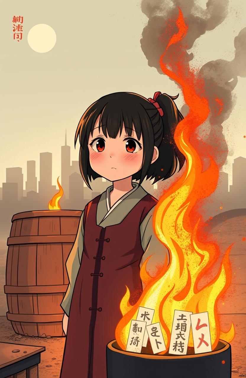 A young Japanese girl named Fuyuko stands in front of a burning barrel, where her drawings are being consumed by flames