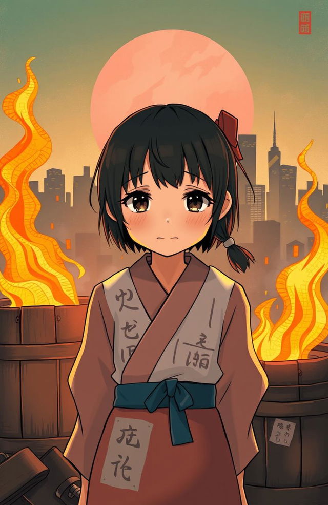 A young Japanese girl named Fuyuko stands in front of a burning barrel, where her drawings are being consumed by flames