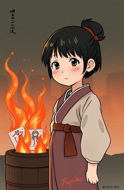 A young Japanese girl named Fuyuko stands in front of a burning barrel, where her drawings are being consumed by flames